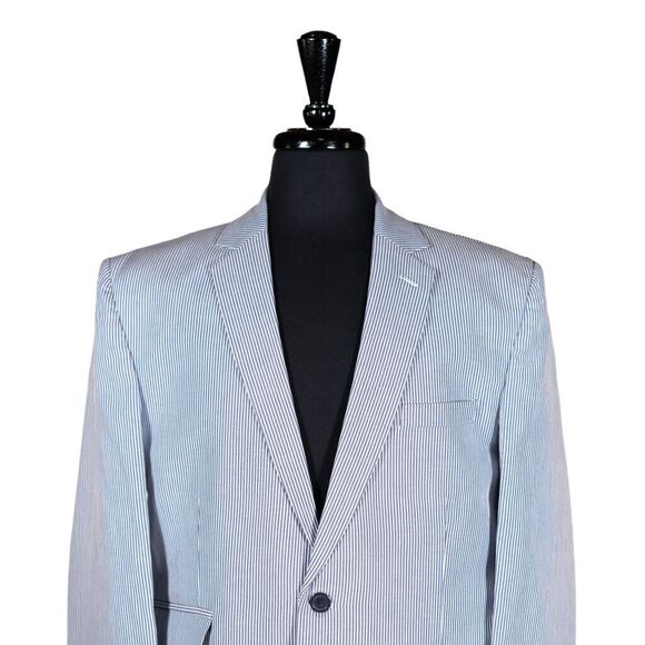 Mens Blazer Blue White Striped Summer Dress Casual Jacket Wedding Sport Coat 42R - Picture 3 of 7